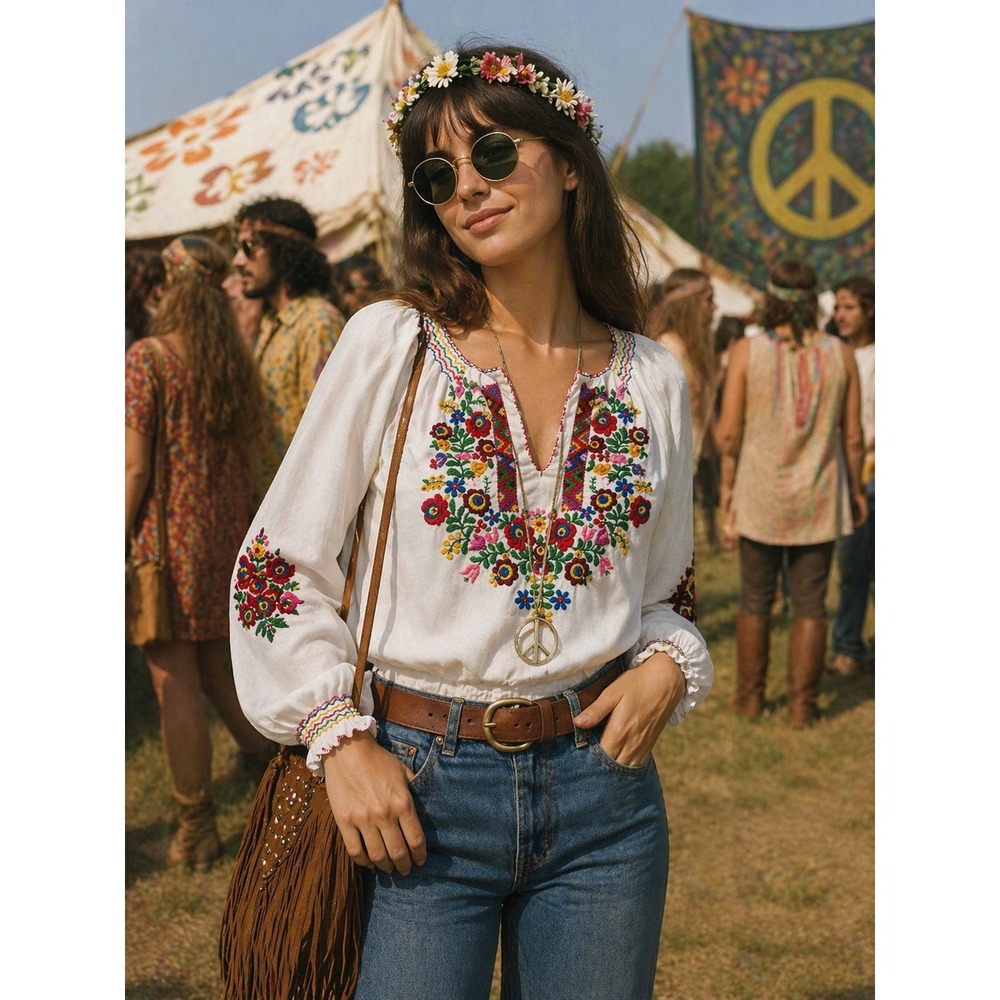 Vintage 1950s Hungarian Hand Embroidered Blouse White Floral Peasant Top S/M